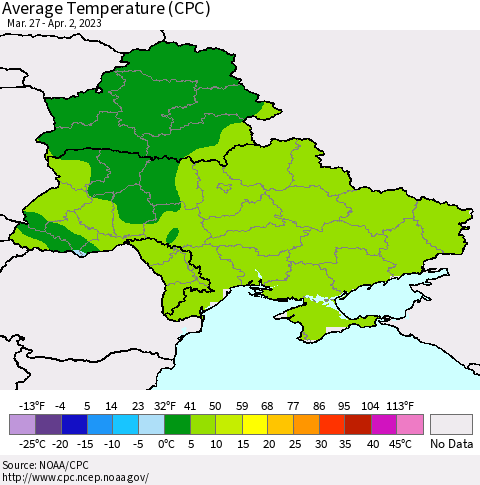 Ukraine, Moldova and Belarus Average Temperature (CPC) Thematic Map For 3/27/2023 - 4/2/2023