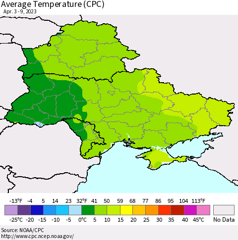 Ukraine, Moldova and Belarus Average Temperature (CPC) Thematic Map For 4/3/2023 - 4/9/2023