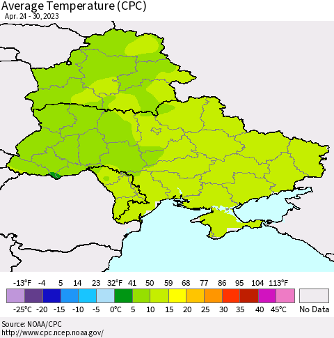 Ukraine, Moldova and Belarus Average Temperature (CPC) Thematic Map For 4/24/2023 - 4/30/2023