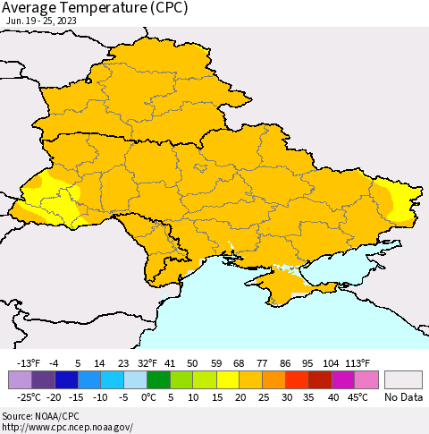 Ukraine, Moldova and Belarus Average Temperature (CPC) Thematic Map For 6/19/2023 - 6/25/2023