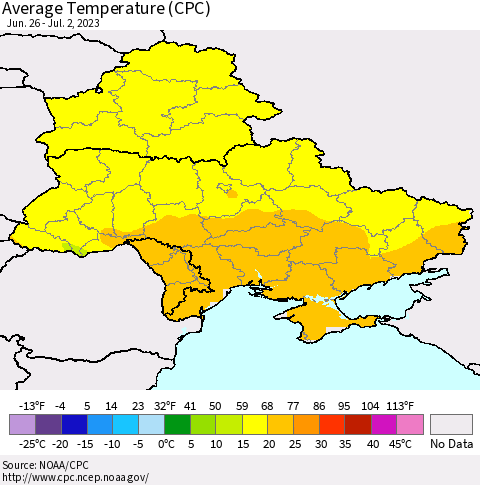 Ukraine, Moldova and Belarus Average Temperature (CPC) Thematic Map For 6/26/2023 - 7/2/2023