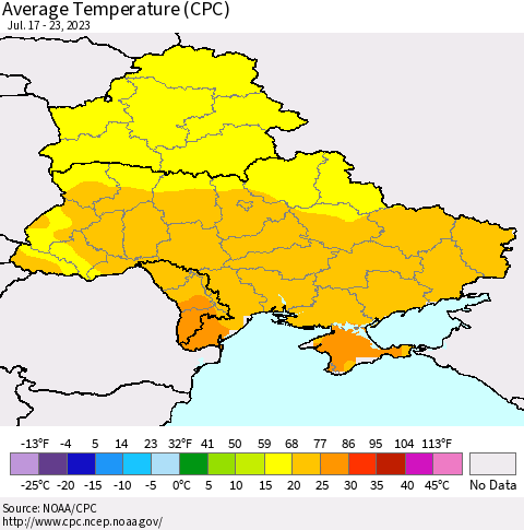 Ukraine, Moldova and Belarus Average Temperature (CPC) Thematic Map For 7/17/2023 - 7/23/2023