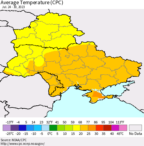 Ukraine, Moldova and Belarus Average Temperature (CPC) Thematic Map For 7/24/2023 - 7/30/2023