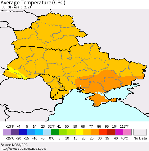 Ukraine, Moldova and Belarus Average Temperature (CPC) Thematic Map For 7/31/2023 - 8/6/2023