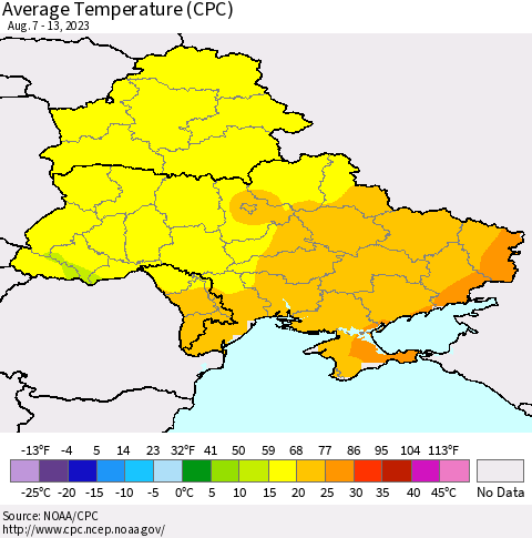 Ukraine, Moldova and Belarus Average Temperature (CPC) Thematic Map For 8/7/2023 - 8/13/2023