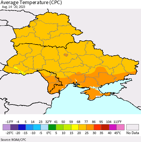 Ukraine, Moldova and Belarus Average Temperature (CPC) Thematic Map For 8/14/2023 - 8/20/2023