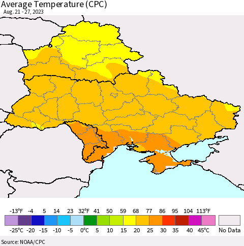 Ukraine, Moldova and Belarus Average Temperature (CPC) Thematic Map For 8/21/2023 - 8/27/2023