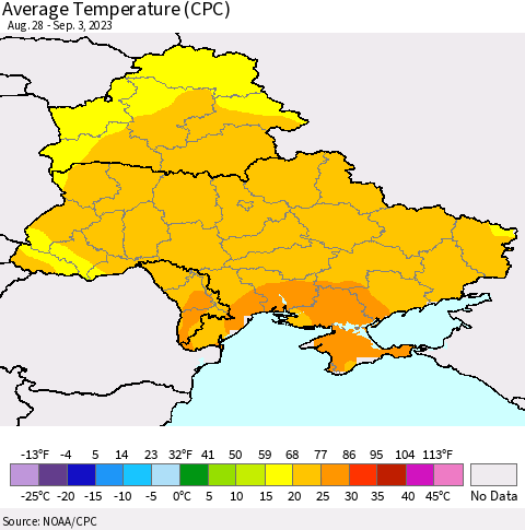 Ukraine, Moldova and Belarus Average Temperature (CPC) Thematic Map For 8/28/2023 - 9/3/2023