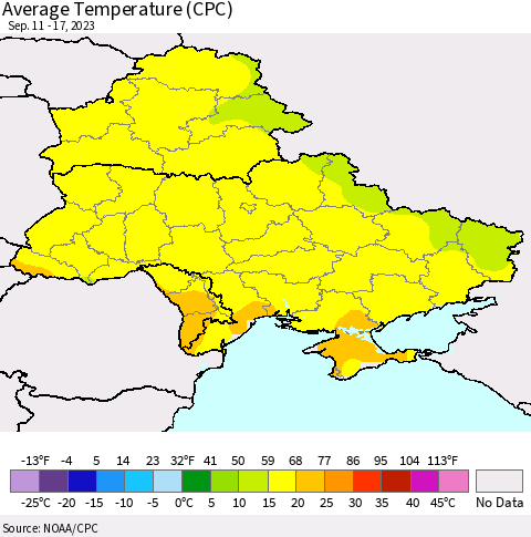 Ukraine, Moldova and Belarus Average Temperature (CPC) Thematic Map For 9/11/2023 - 9/17/2023