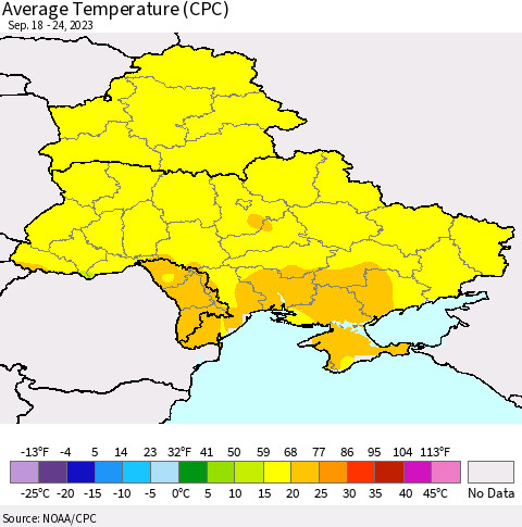 Ukraine, Moldova and Belarus Average Temperature (CPC) Thematic Map For 9/18/2023 - 9/24/2023