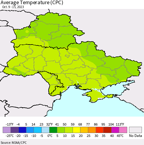 Ukraine, Moldova and Belarus Average Temperature (CPC) Thematic Map For 10/9/2023 - 10/15/2023