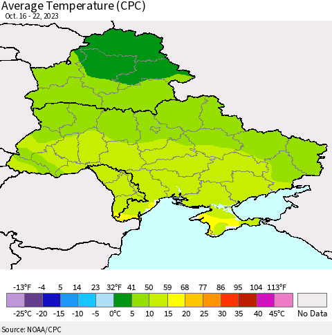 Ukraine, Moldova and Belarus Average Temperature (CPC) Thematic Map For 10/16/2023 - 10/22/2023
