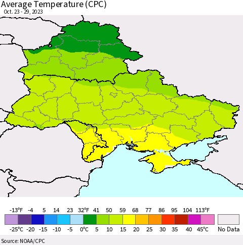 Ukraine, Moldova and Belarus Average Temperature (CPC) Thematic Map For 10/23/2023 - 10/29/2023