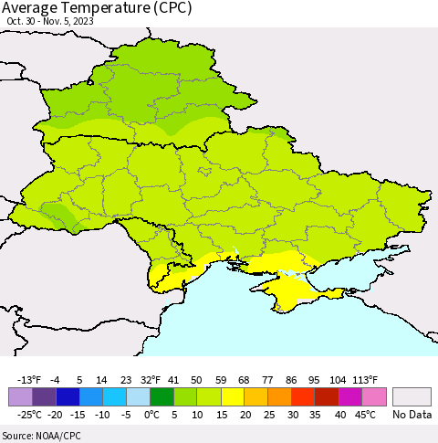 Ukraine, Moldova and Belarus Average Temperature (CPC) Thematic Map For 10/30/2023 - 11/5/2023