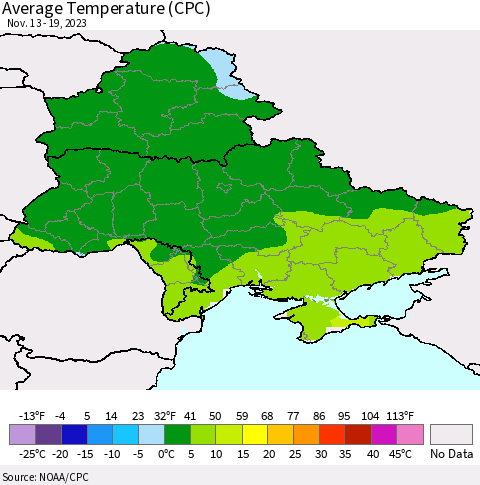 Ukraine, Moldova and Belarus Average Temperature (CPC) Thematic Map For 11/13/2023 - 11/19/2023