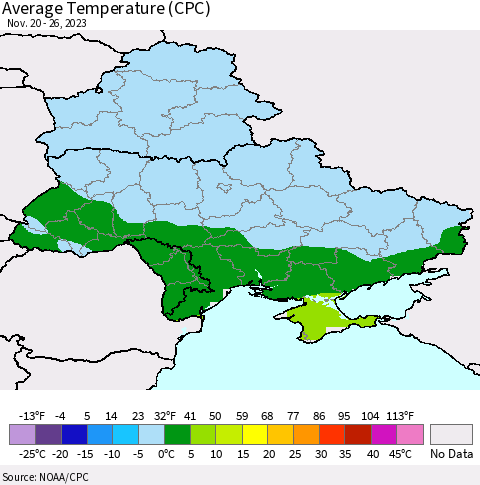 Ukraine, Moldova and Belarus Average Temperature (CPC) Thematic Map For 11/20/2023 - 11/26/2023