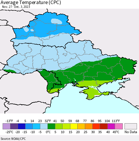 Ukraine, Moldova and Belarus Average Temperature (CPC) Thematic Map For 11/27/2023 - 12/3/2023