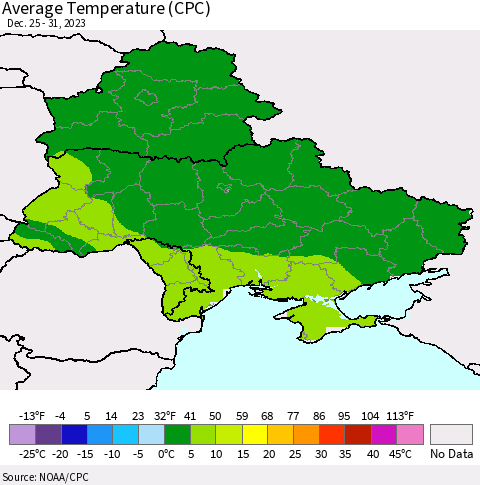 Ukraine, Moldova and Belarus Average Temperature (CPC) Thematic Map For 12/25/2023 - 12/31/2023