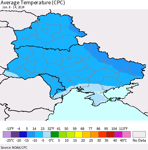 Ukraine, Moldova and Belarus Average Temperature (CPC) Thematic Map For 1/8/2024 - 1/14/2024