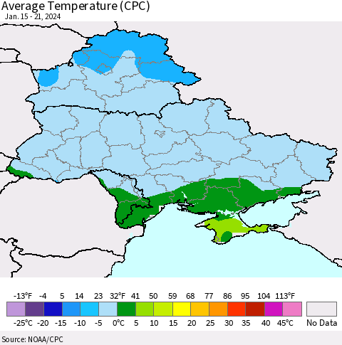 Ukraine, Moldova and Belarus Average Temperature (CPC) Thematic Map For 1/15/2024 - 1/21/2024