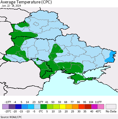 Ukraine, Moldova and Belarus Average Temperature (CPC) Thematic Map For 1/22/2024 - 1/28/2024