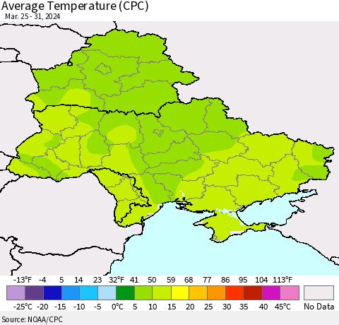 Ukraine, Moldova and Belarus Average Temperature (CPC) Thematic Map For 3/25/2024 - 3/31/2024