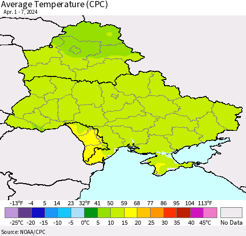 Ukraine, Moldova and Belarus Average Temperature (CPC) Thematic Map For 4/1/2024 - 4/7/2024