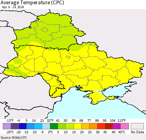 Ukraine, Moldova and Belarus Average Temperature (CPC) Thematic Map For 4/8/2024 - 4/14/2024