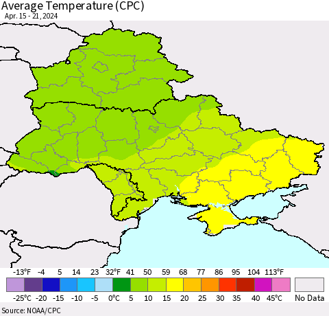 Ukraine, Moldova and Belarus Average Temperature (CPC) Thematic Map For 4/15/2024 - 4/21/2024