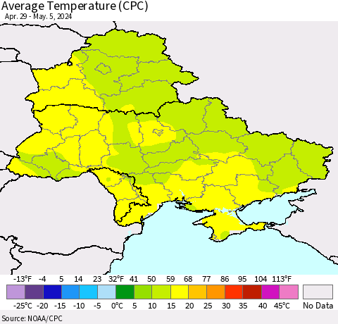 Ukraine, Moldova and Belarus Average Temperature (CPC) Thematic Map For 4/29/2024 - 5/5/2024