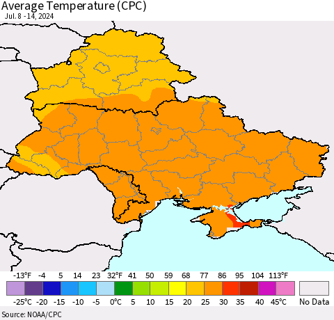 Ukraine, Moldova and Belarus Average Temperature (CPC) Thematic Map For 7/8/2024 - 7/14/2024