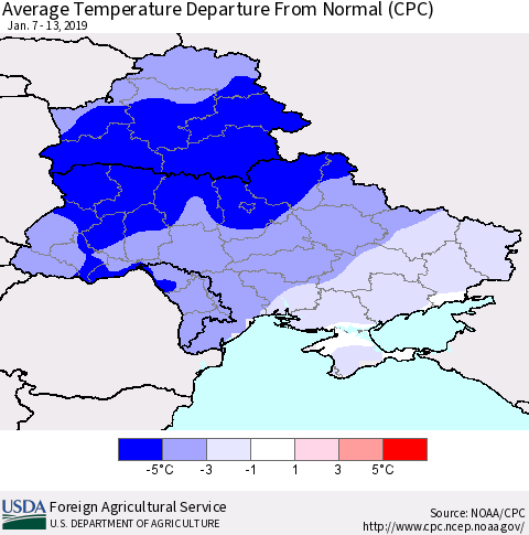 Ukraine, Moldova and Belarus Average Temperature Departure From Normal (CPC) Thematic Map For 1/7/2019 - 1/13/2019