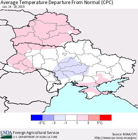 Ukraine, Moldova and Belarus Average Temperature Departure From Normal (CPC) Thematic Map For 1/14/2019 - 1/20/2019