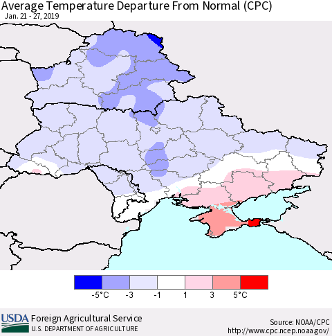 Ukraine, Moldova and Belarus Average Temperature Departure From Normal (CPC) Thematic Map For 1/21/2019 - 1/27/2019