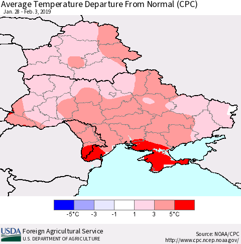Ukraine, Moldova and Belarus Average Temperature Departure From Normal (CPC) Thematic Map For 1/28/2019 - 2/3/2019