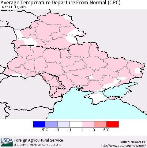 Ukraine, Moldova and Belarus Average Temperature Departure From Normal (CPC) Thematic Map For 3/11/2019 - 3/17/2019