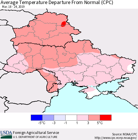 Ukraine, Moldova and Belarus Average Temperature Departure From Normal (CPC) Thematic Map For 3/18/2019 - 3/24/2019