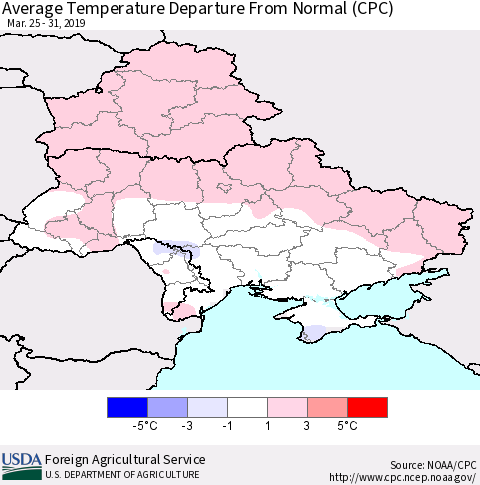Ukraine, Moldova and Belarus Average Temperature Departure From Normal (CPC) Thematic Map For 3/25/2019 - 3/31/2019