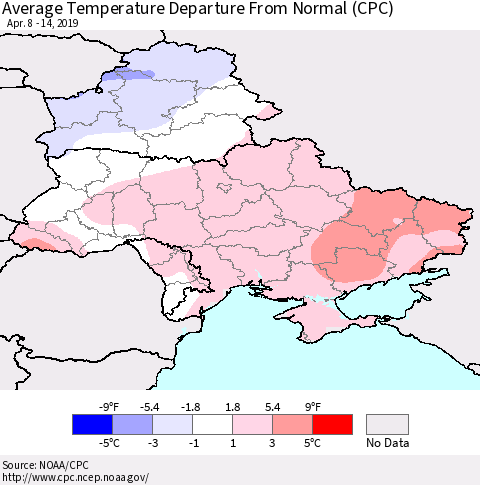 Ukraine, Moldova and Belarus Average Temperature Departure From Normal (CPC) Thematic Map For 4/8/2019 - 4/14/2019