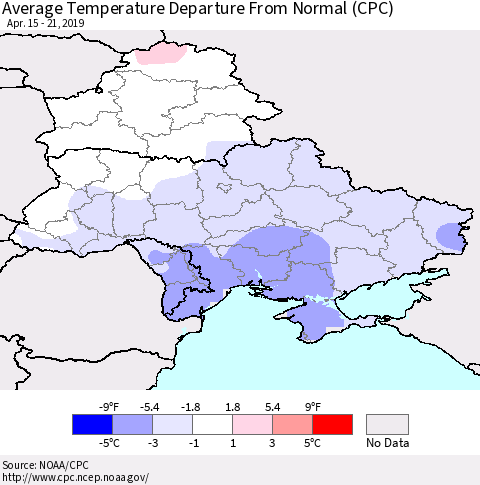 Ukraine, Moldova and Belarus Average Temperature Departure From Normal (CPC) Thematic Map For 4/15/2019 - 4/21/2019