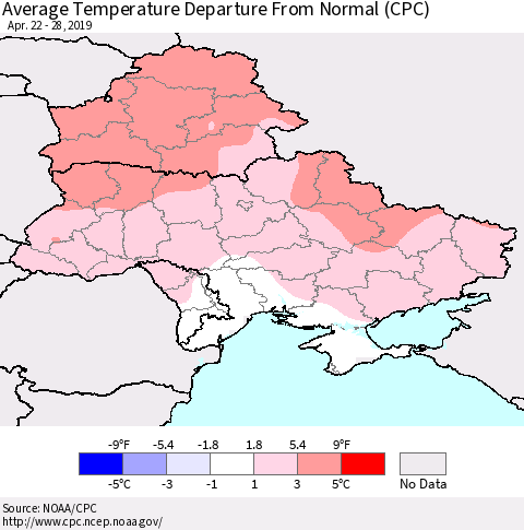 Ukraine, Moldova and Belarus Average Temperature Departure from Normal (CPC) Thematic Map For 4/22/2019 - 4/28/2019