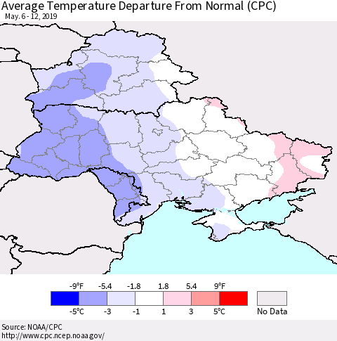 Ukraine, Moldova and Belarus Average Temperature Departure from Normal (CPC) Thematic Map For 5/6/2019 - 5/12/2019