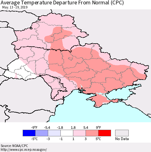 Ukraine, Moldova and Belarus Average Temperature Departure From Normal (CPC) Thematic Map For 5/13/2019 - 5/19/2019