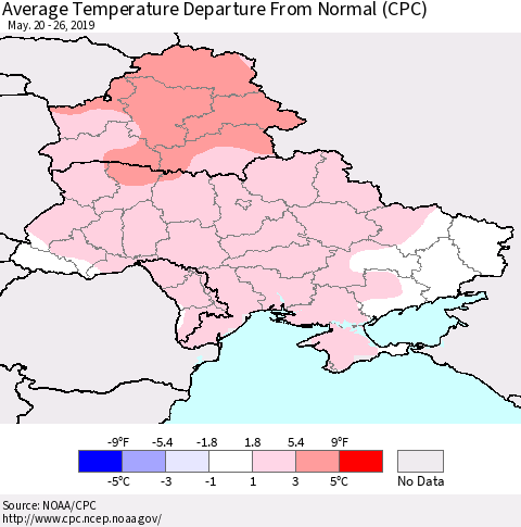 Ukraine, Moldova and Belarus Average Temperature Departure From Normal (CPC) Thematic Map For 5/20/2019 - 5/26/2019