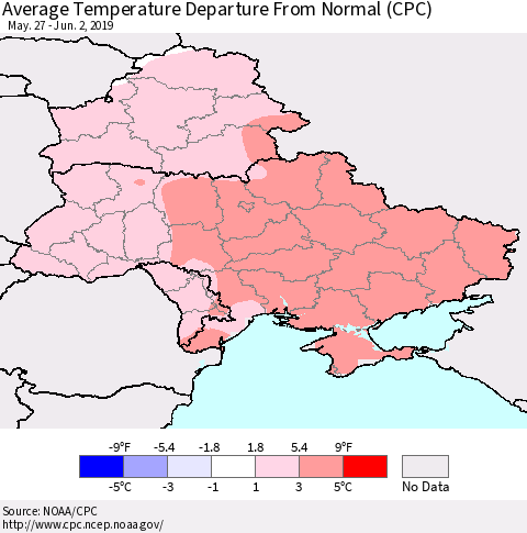 Ukraine, Moldova and Belarus Average Temperature Departure From Normal (CPC) Thematic Map For 5/27/2019 - 6/2/2019