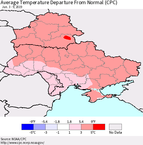 Ukraine, Moldova and Belarus Average Temperature Departure From Normal (CPC) Thematic Map For 6/3/2019 - 6/9/2019