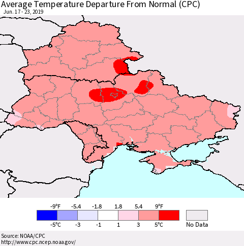 Ukraine, Moldova and Belarus Average Temperature Departure From Normal (CPC) Thematic Map For 6/17/2019 - 6/23/2019