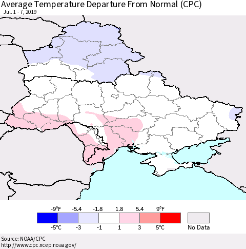Ukraine, Moldova and Belarus Average Temperature Departure From Normal (CPC) Thematic Map For 7/1/2019 - 7/7/2019