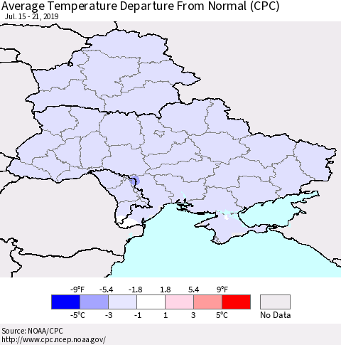 Ukraine, Moldova and Belarus Average Temperature Departure From Normal (CPC) Thematic Map For 7/15/2019 - 7/21/2019
