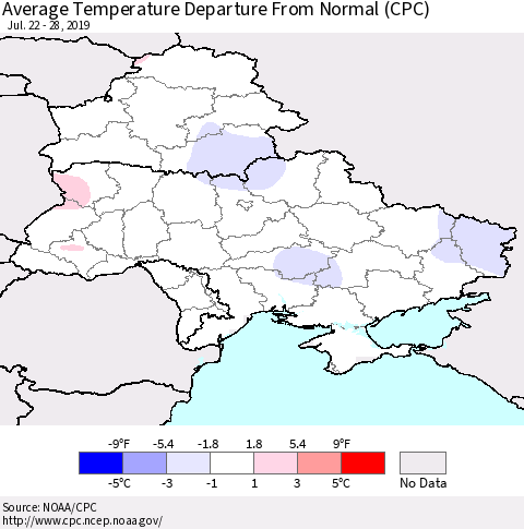 Ukraine, Moldova and Belarus Average Temperature Departure From Normal (CPC) Thematic Map For 7/22/2019 - 7/28/2019